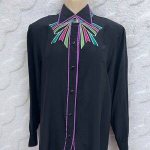 Bob Mackie Button Up Shirt Artsy Black Embroidered Bow Collar Rainbow L